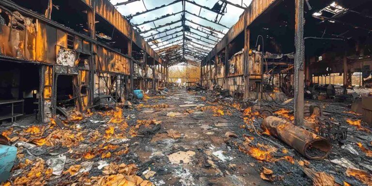 Extensive commercial fire damage inside industrial building with debris and flames, requiring professional fire and smoke restoration services in Las Vegas